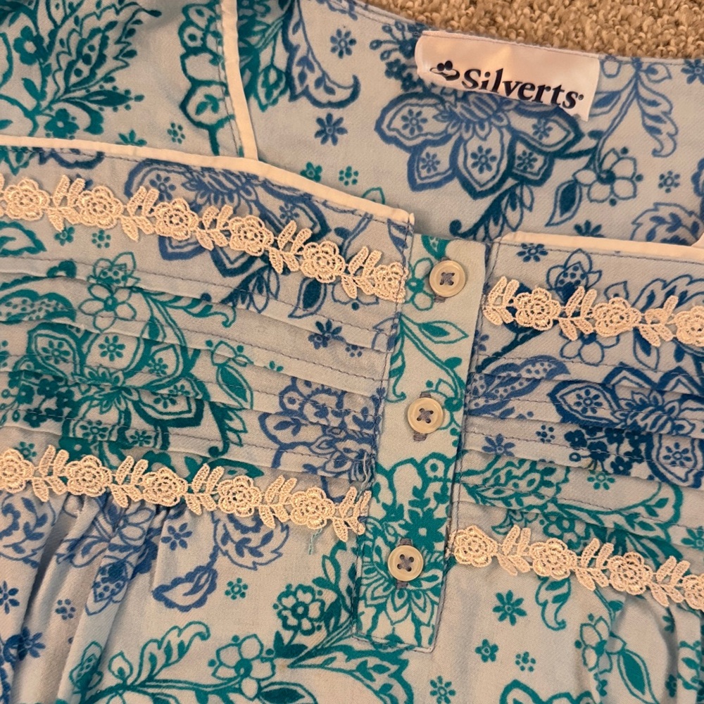 Silverts, Adaptive Clothing, Blue & Green Floral Flannel Nightgown, SZ: L